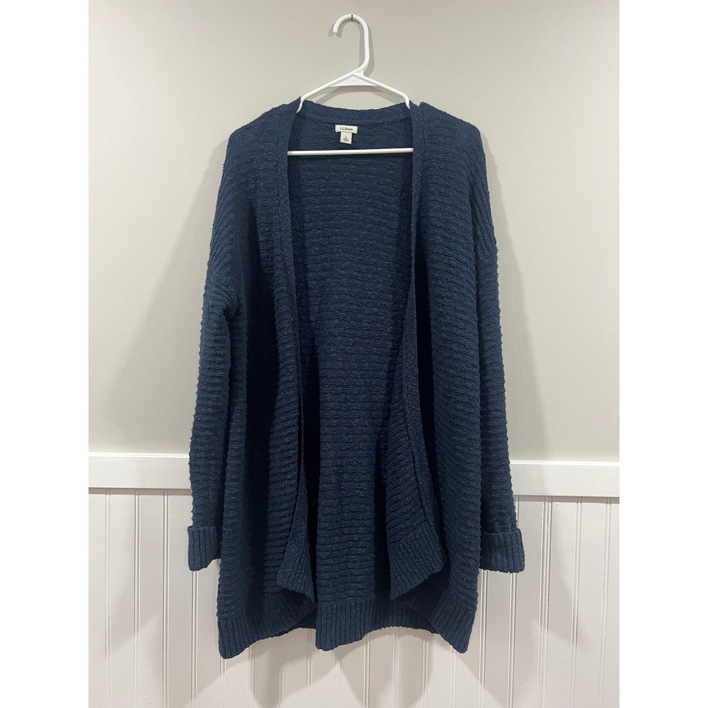 L.L. Bean Cardigan Open Knit Cable Navy Blue Casual Comfy Women Size Large